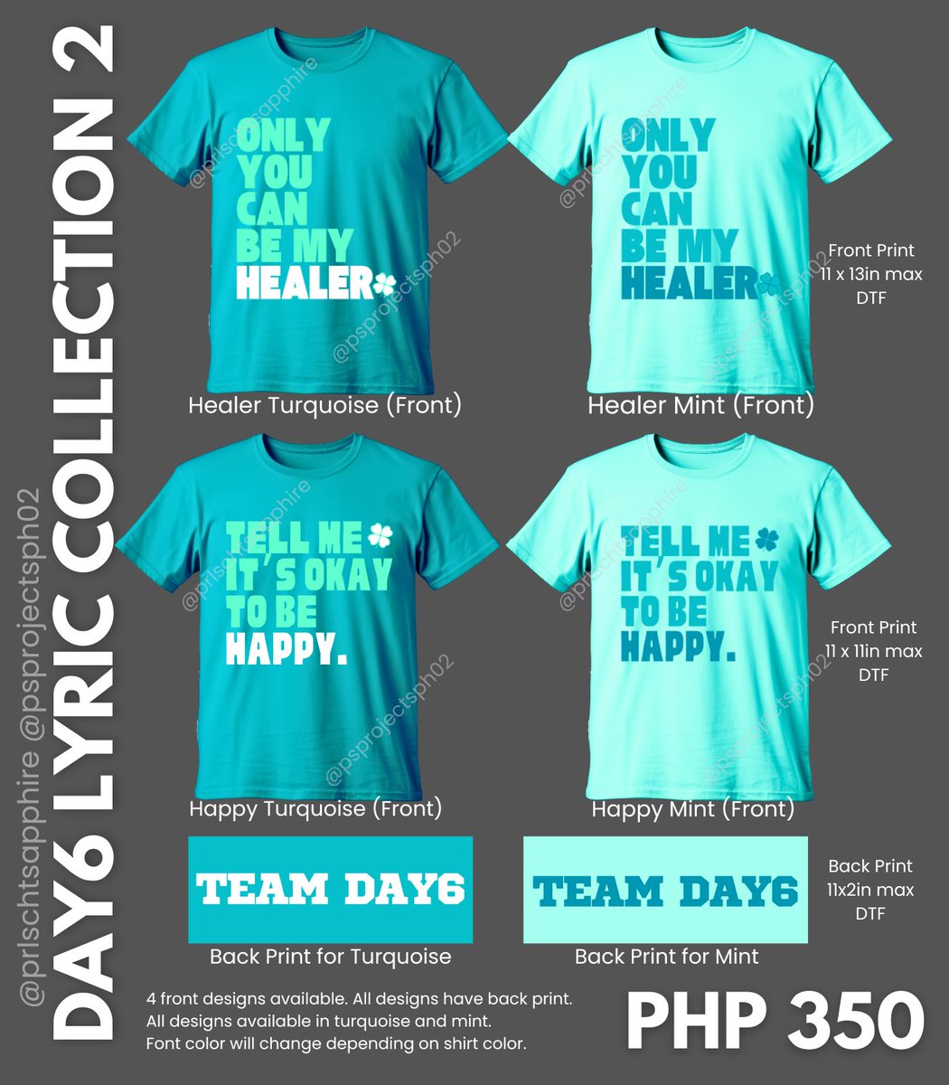 PSProjectsPh02's tweet photo. 2/3 - Day6 Shirt Collection
RTs appreciated. 🙏

🍀16 Designs - Band Aid, Fourever, Lyric Collection
💸Price: PHP 350
🗓️DOO/DOP: Feb 7 2025; Ship-out: Feb 13
📝Order Form: https://t.co/hhHlPF07HG

@Day6MerchsRT @day6_marketPH @DAY6TradingINA https://t.co/YZtwL9Hvit