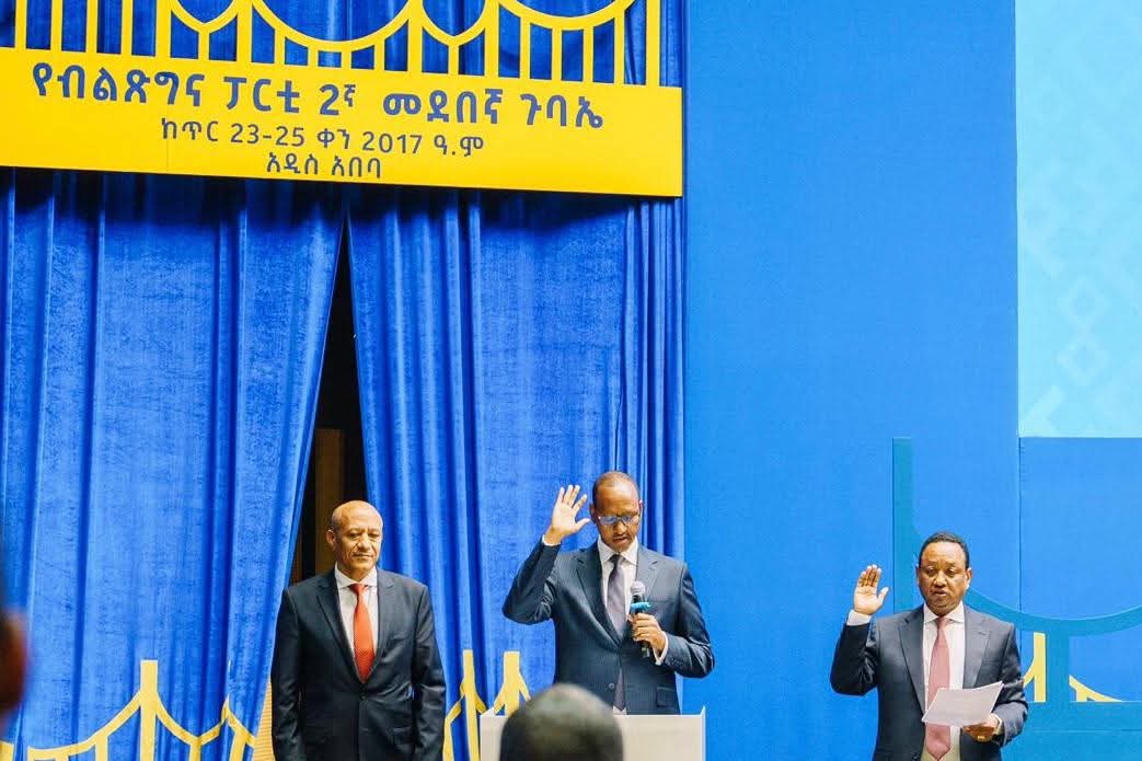 prosperity2022's tweet photo. Breaking News!
H.E. Dr Abiy Ahmed, elected, with the highest vote, as President of the Prosperity Party. The congress also elected H.E. Temesgen Tiruneh &amp; H.E. Adem Farah as the party’s VPs. They took oath in front of the congress in accordance with the party’s bylaws. https://t.co/Rmroc6dirc