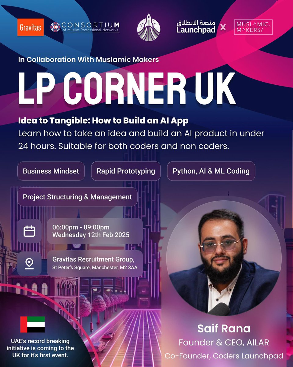 coderslaunchpad's tweet image. 🚀 LP Corner UK – Build an AI App 🇬🇧

Coders Launchpad is coming to the UK! Learn to turn ideas into AI products—no coding needed.

📅 Feb 12 | 🕕 6-9 PM | 📍 Manchester

🎙️ Saif Rana, CEO of AILAR &amp;amp; Co-Founder of Launchpad

🔗 Sign up: tickettailor.com/events/muslami…