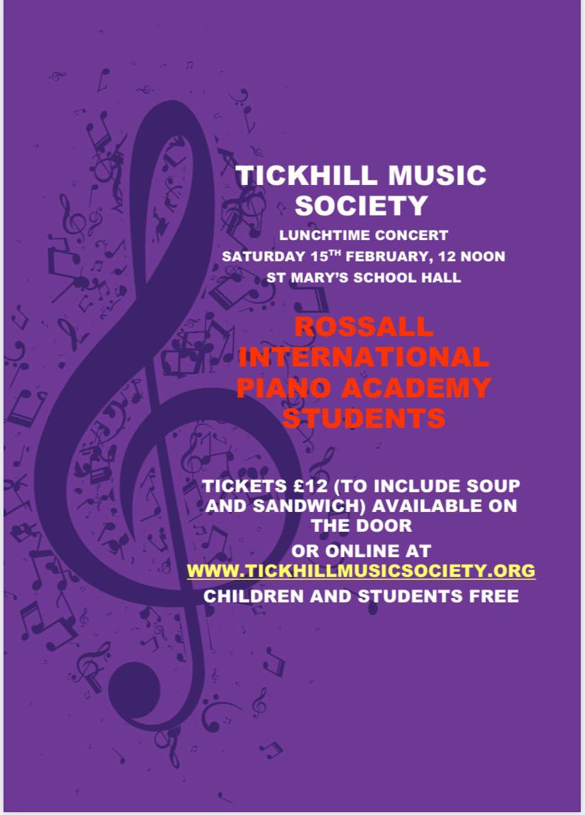 Next concert is noon on Saturday 15th February, when we welcome Victor Lim and two of his advanced students from the Rossall International Piano Academy. Should be a wonderful event! Tix tickhill-music-society.sumupstore.com/product/rossal…