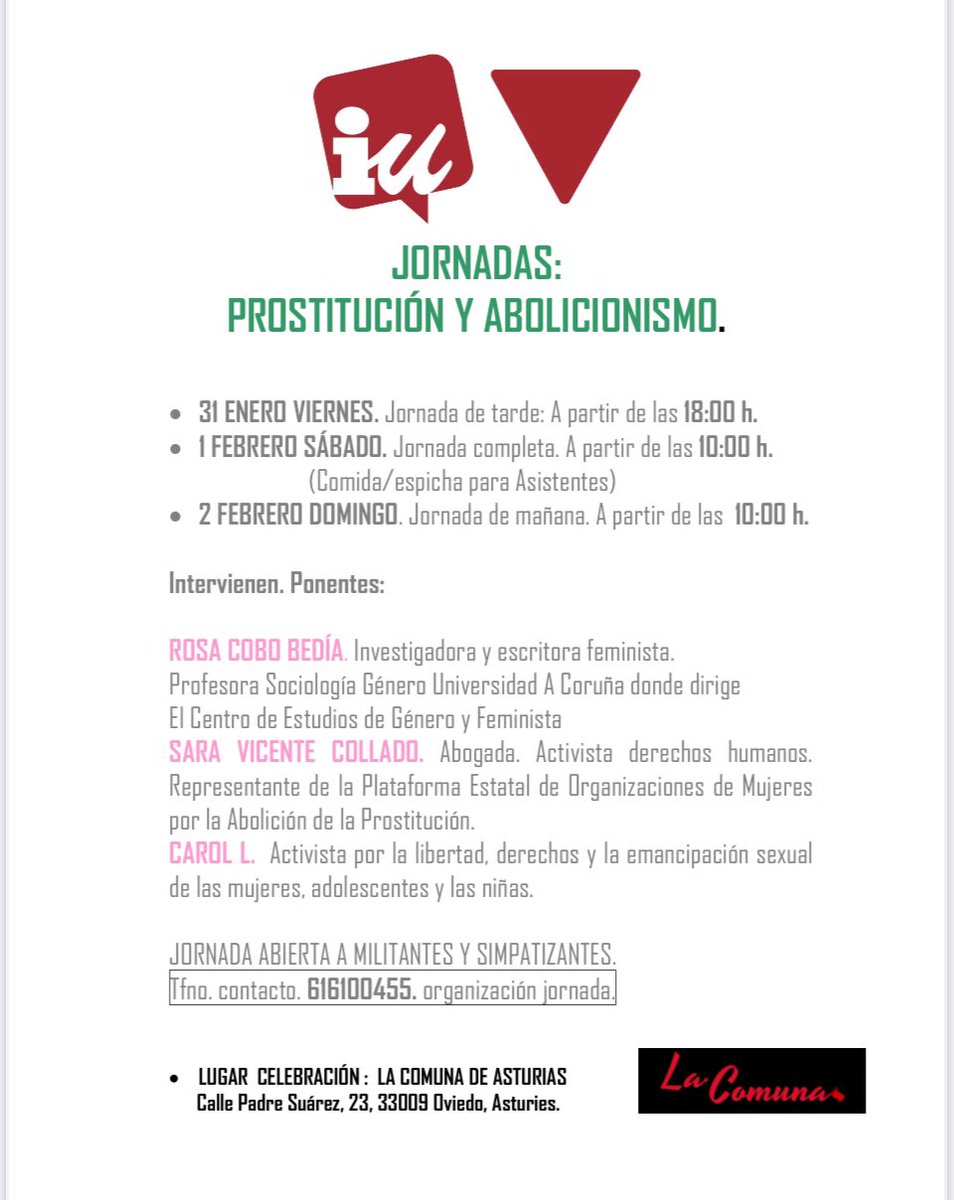 JORNADAS:
PROSTITUCIÓN Y ABOLICIONISMO.

Desde el viernes, hemos analizado y debatido sobre prostitución y abolicionismo, en unas jornadas que, como se puede apreciar en las imágenes han suscitado un gran interes, con una alta participación.

Programa y asistentes.