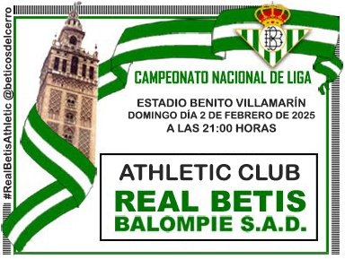 ¡Día de 𝘽𝙀𝙏𝙄𝙎!
#RealBetisAthletic #RealBetis #Betis #BeticosdelCerro
🟢 Real Betis - Athletic 🔴
🏟 Benito Villamarín
🏆 LaLiga EA Sports
🕘 21:00
📺 Movistar (dial 54)