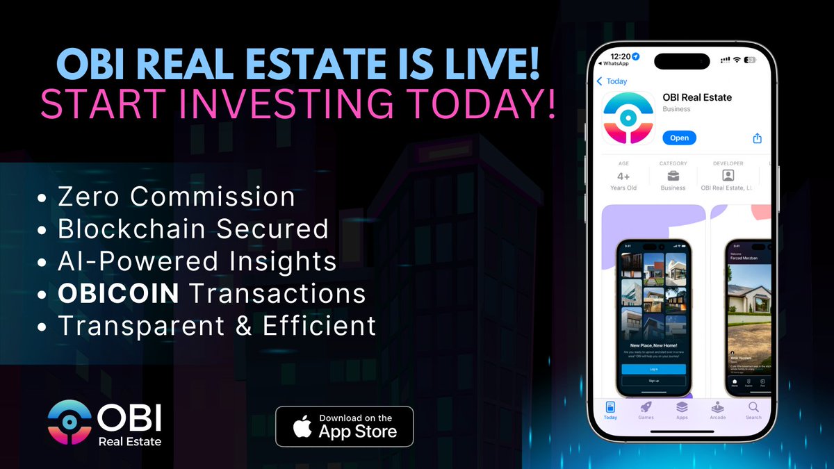 Obirealestate's tweet image. BIG NEWS! 🚨

OBI Real Estate is LIVE! 🏡

The wait is over! You can now buy, sell, and invest in real estate seamlessly with blockchain technology &amp;amp; OBICOIN.

✅ Zero commission
✅ AI-powered insights
✅ Secure &amp;amp; instant transactions

Start your journey today! 

Download now👇