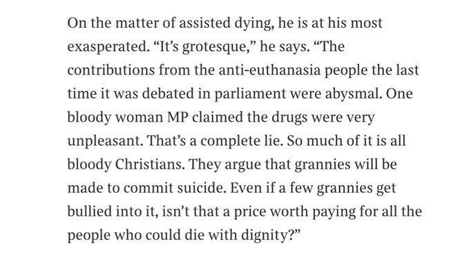 EoLWatch's tweet image. For those who still believe that the main motivation of assisted suicide champions is 'compassion', we urge you to read below and  think again.

This telling quote lays bare the ageist, misogynist, eugenicist motivations of those championing the bill.

Is this the dark dystopia…