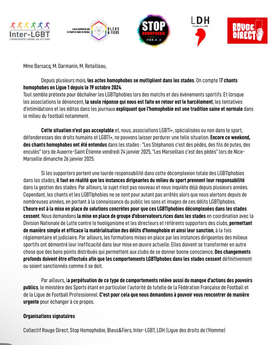 Fiertés Citoyennes ! (@fiertesc) on Twitter photo Nous saluons cette initiative portée notamment par <a href="/stop_homophobie/">STOP HOMOPHOBIE</a> et <a href="/ASSO_LGBT_EDF/">Bleus & Fiers⭐️⭐️</a> qui interpellent le gvt.
Fiertés Citoyennes! joindra sa voix à celle de tous les militants, les élus et tous les responsables déterminés à éradiquer la culture de l’homophobie dans les stades. Nous saluons cette initiative portée notamment par <a href="/stop_homophobie/">STOP HOMOPHOBIE</a> et <a href="/ASSO_LGBT_EDF/">Bleus & Fiers⭐️⭐️</a> qui interpellent le gvt.
Fiertés Citoyennes! joindra sa voix à celle de tous les militants, les élus et tous les responsables déterminés à éradiquer la culture de l’homophobie dans les stades.