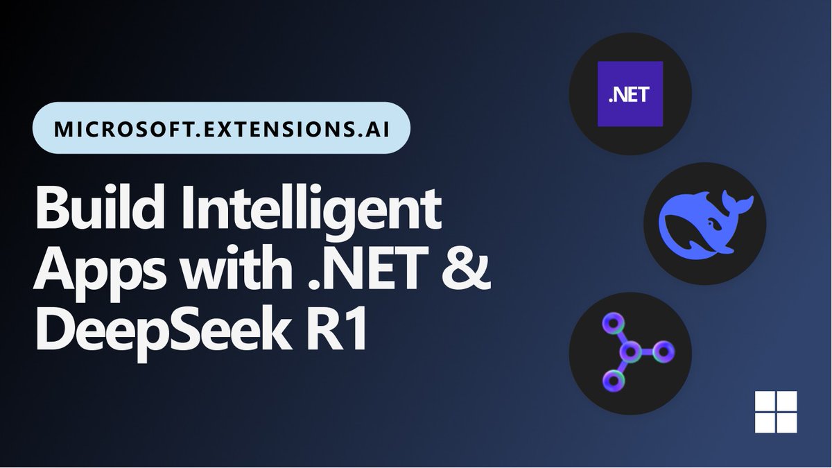 dotnetdevs_io's tweet photo. 𝗕𝘂𝗶𝗹𝗱 𝗜𝗻𝘁𝗲𝗹𝗹𝗶𝗴𝗲𝗻𝘁 𝗔𝗽𝗽𝘀 𝘄𝗶𝘁𝗵 @dotnet  𝗮𝗻𝗱 @deepseek_ai  𝗥𝟭✨
You can use DeepSeek R1 model for your .NET applications
📰Details - https://t.co/pgDGshWpz3
📝by Matthew Soucoup
#dotnet #dotnetdevelopers #ai #deepseek #azure https://t.co/tHcUOEkzXD
