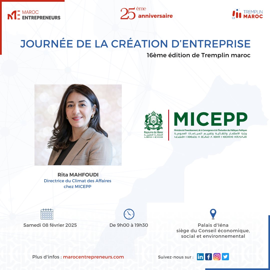 ✨Nous avons l’honneur d’accueillir Mme Rita Mahfoudi, Directrice du Climat des Affaires au <a href="/miceppgov_ma/">MICEPP</a>.

Elle apportera son expertise dans l'accompagnement des investisseurs et la facilitation du parcours d'investissement au Maroc.

👉Inscrivez-vous : lnkd.in/ekbfHSvm
