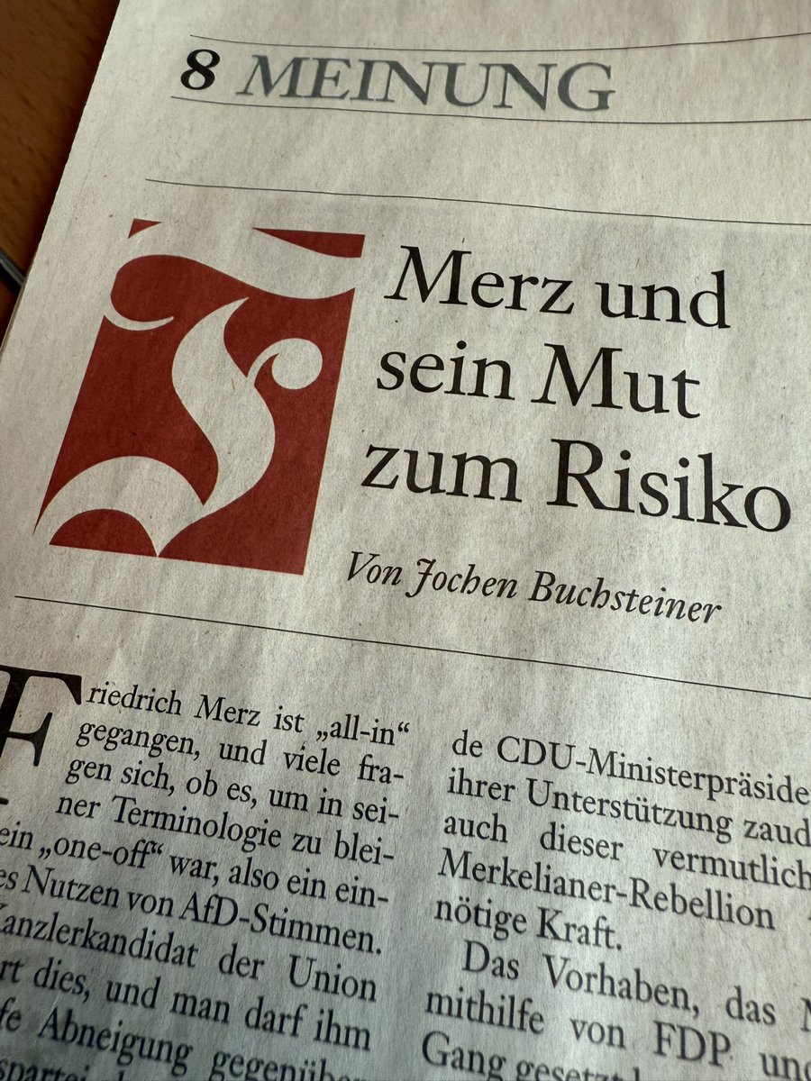 MUST READ! “Friedrich Merz ist „all-in" gegangen, und viele fragen sich, ob es, um in seiner Terminologie zu bleiben, ein „one-off" war, also ein einmaliges Nutzen von AfD-Stimmen. Der Kanzlerkandidat der Union versichert dies, und man darf ihm seine tiefe Abneigung gegenüber der