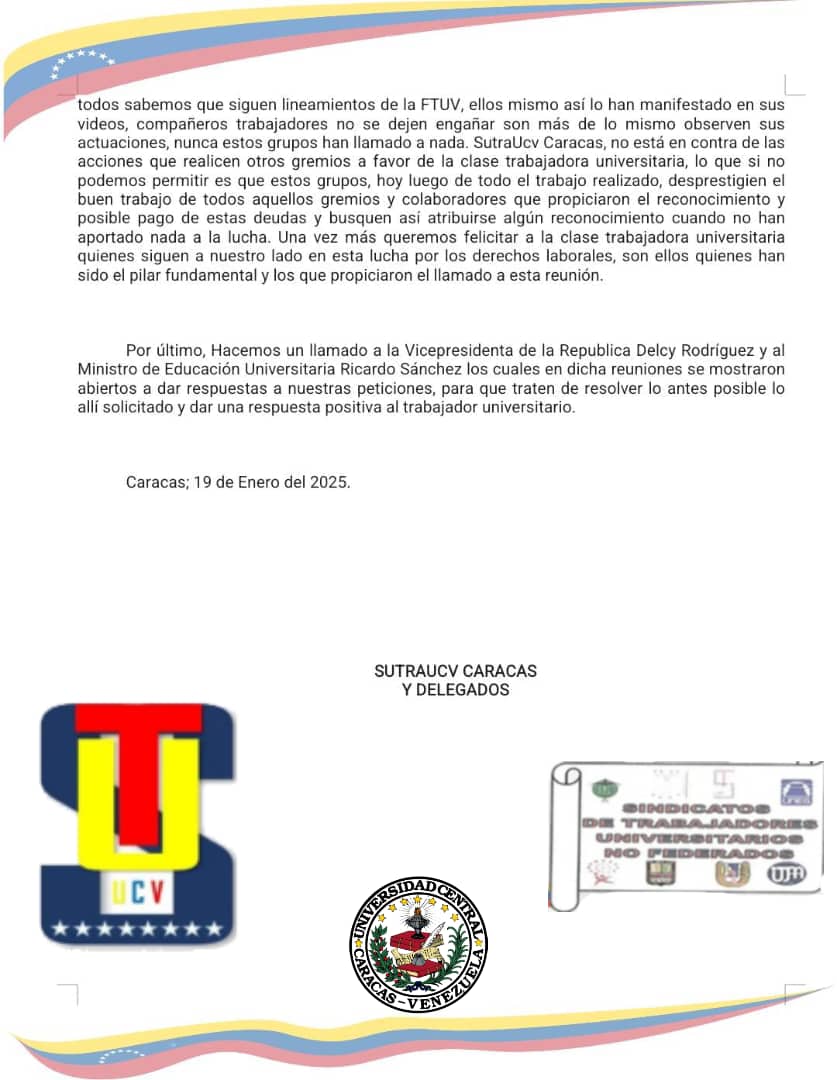 Comunicado Oficial SutraUcv Caracas, su delegados y los Sindicatos No Federados