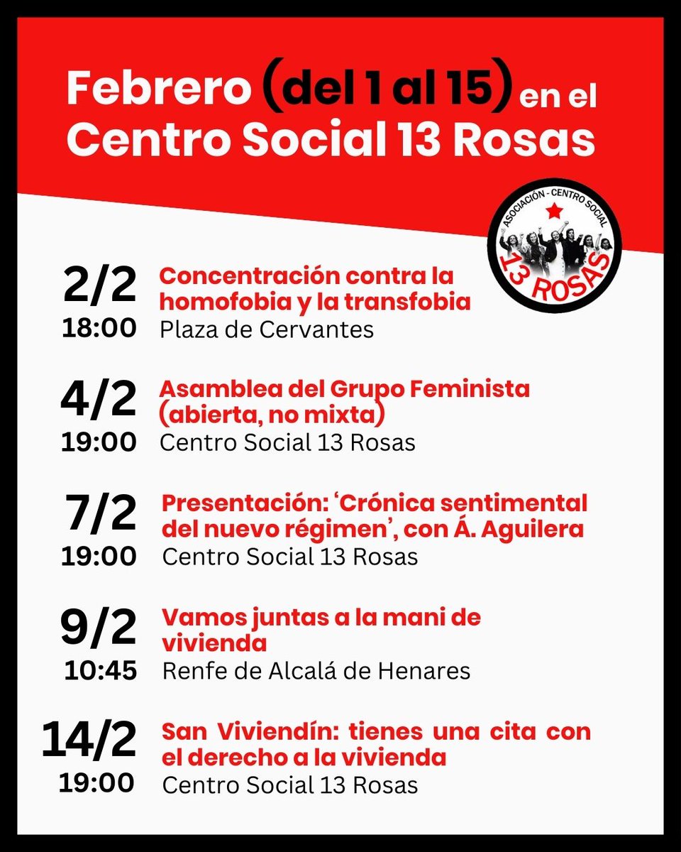 Este mes de febrero nos vemos en el Centro Social 13 Rosas. ¡Salud y lucha!