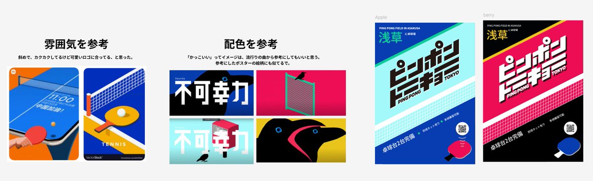 DAY14 #デイトラ #Webデザイン 
課題ブラッシュアップ
裏面がまだいまいちかなぁ、でも今日は終わり☆
・配色実験。
・「卓球のださいイメージを、かっこいいイメージに変えたい」⇒流行った曲Vaundy不可幸力の配色を参考に。参考にしたポスターの絵に似てる。
・ロゴ小⇒余白増