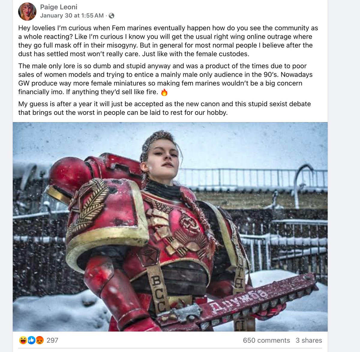 You are dumb and stupid and sexist if you don’t let me change your entire game, decades of lore, and kick you out of your hobby for not wanting female Space Marines.

Gatekeep harder lads. You give on this, and trans marines are next, and you’ll be kicked out and banned from