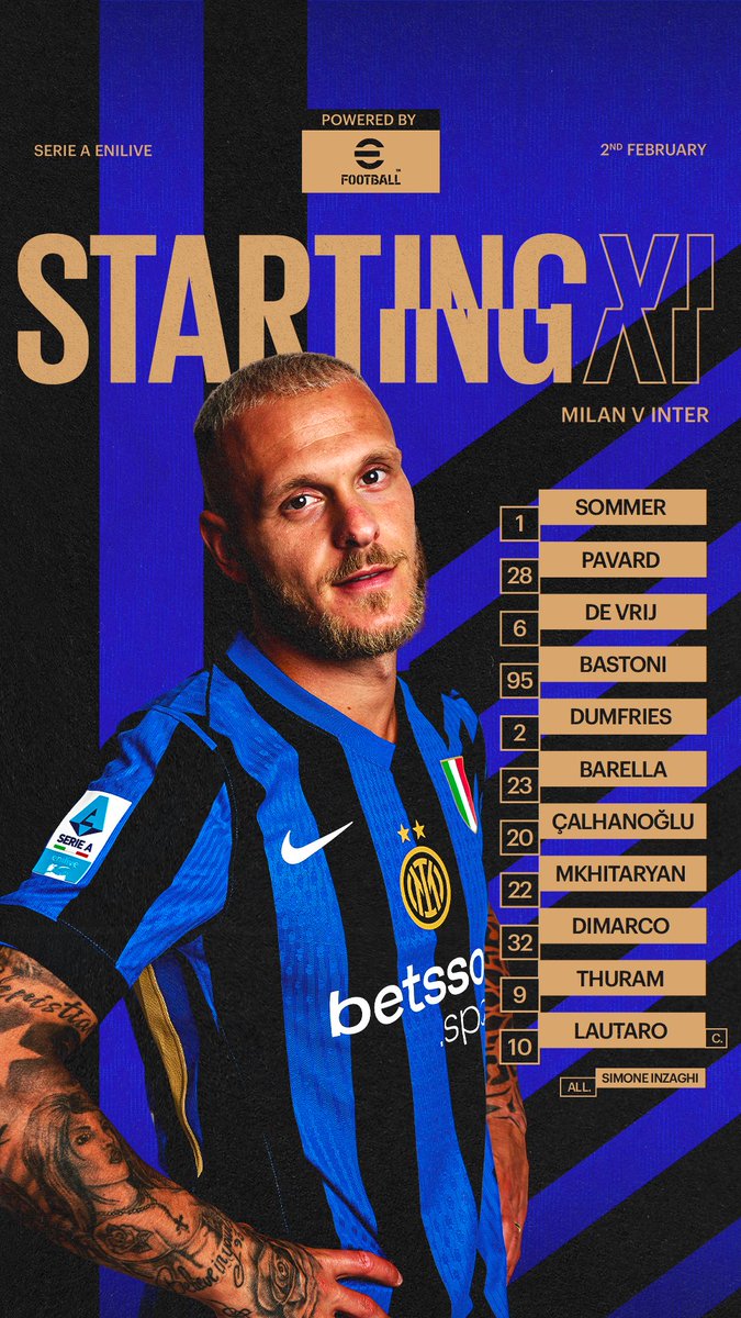 InterClub1908's tweet image. #INTER (3-5-2): 1 Sommer; 28 Pavard, 6 De Vrij, 95 Bastoni; 2  Dumfries, 23 Barella, 20 Calhanoglu, 22 Mkhitaryan, 32 Dimarco; 9  Thuram, 10 Lautaro.
All.:Inzaghi
Formazione ufficiale @Inter di #MilanInter @SerieA
#SerieA #SerieATIM
SEMPRE #FORZAINTER #AMALA!
💪🏻⚫🔵🖤💙🐍