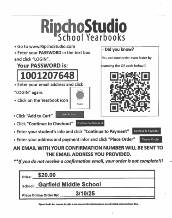 <a href="/GMSLkwdPTSA/">Garfield MS Lakewood PTSA</a> <a href="/LkwdSchools/">Lakewood OH Schools</a> Garfield students- There is still time to order your 2024-2025 Garfield MS Yearbook.  Forms went home once again with students last week.  All remaining orders will now be online using either the link or the QR Code.  Don't miss out on your yearbook!!