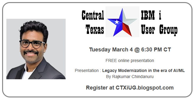 The next meeting of <a href="/CTXiUG/">Central Texas IBM i User Group</a> is Tuesday March 4 @ 6:30 PM CT.
We welcome Rajkumar Chindanuru as out guest. He will be speaking about modernization using AI &amp; LLMs.
This is FREE, learn more &amp; register ➡️ ctxiug.blogspot.com
#IBMi #AS400 #iSeries #IBMiLUG