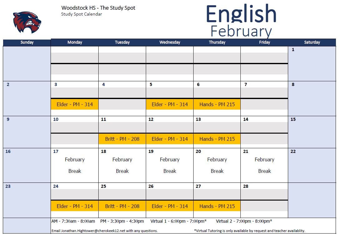 We are off to a great start this semester, so keep it going in a positive direction, Wolverines! If you need extra help or support, WHS Study Spot is here to help! Check out tutoring dates &amp; times for February and prepare for a great result in May by starting today!!! #1Woodstock