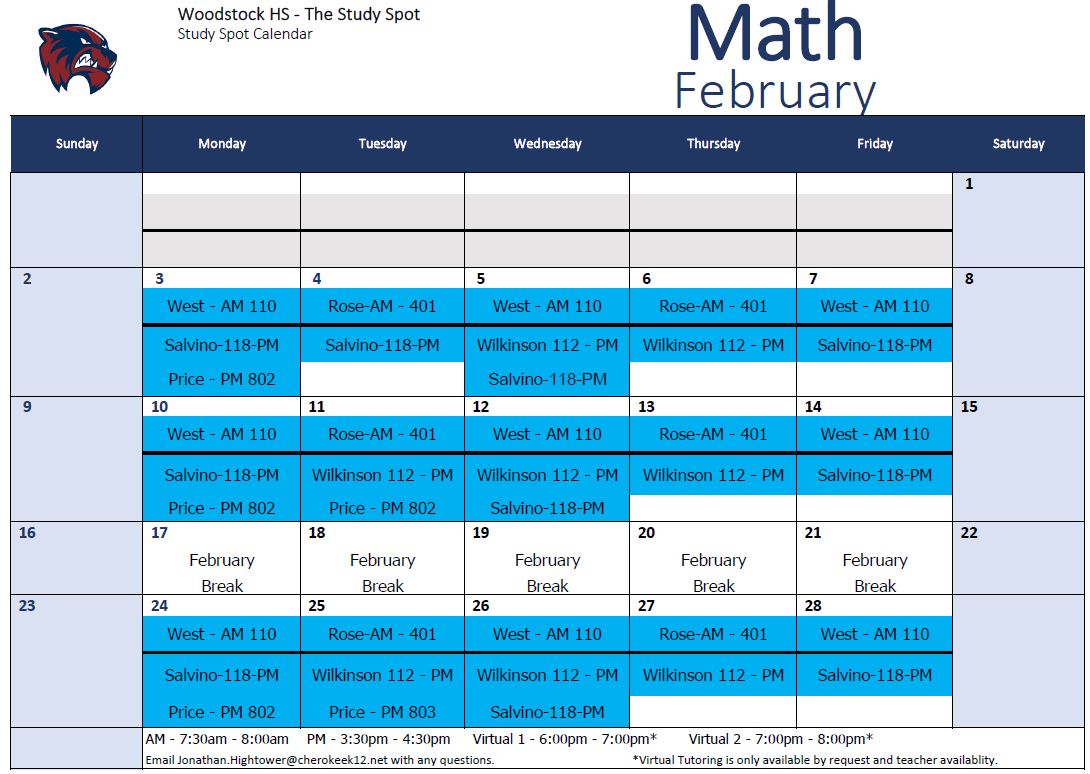 WoodstockHS1's tweet photo. We are off to a great start this semester, so keep it going in a positive direction, Wolverines! If you need extra help or support, WHS Study Spot is here to help! Check out tutoring dates &amp; times for February and prepare for a great result in May by starting today!!! #1Woodstock https://t.co/wZM86AJSh2