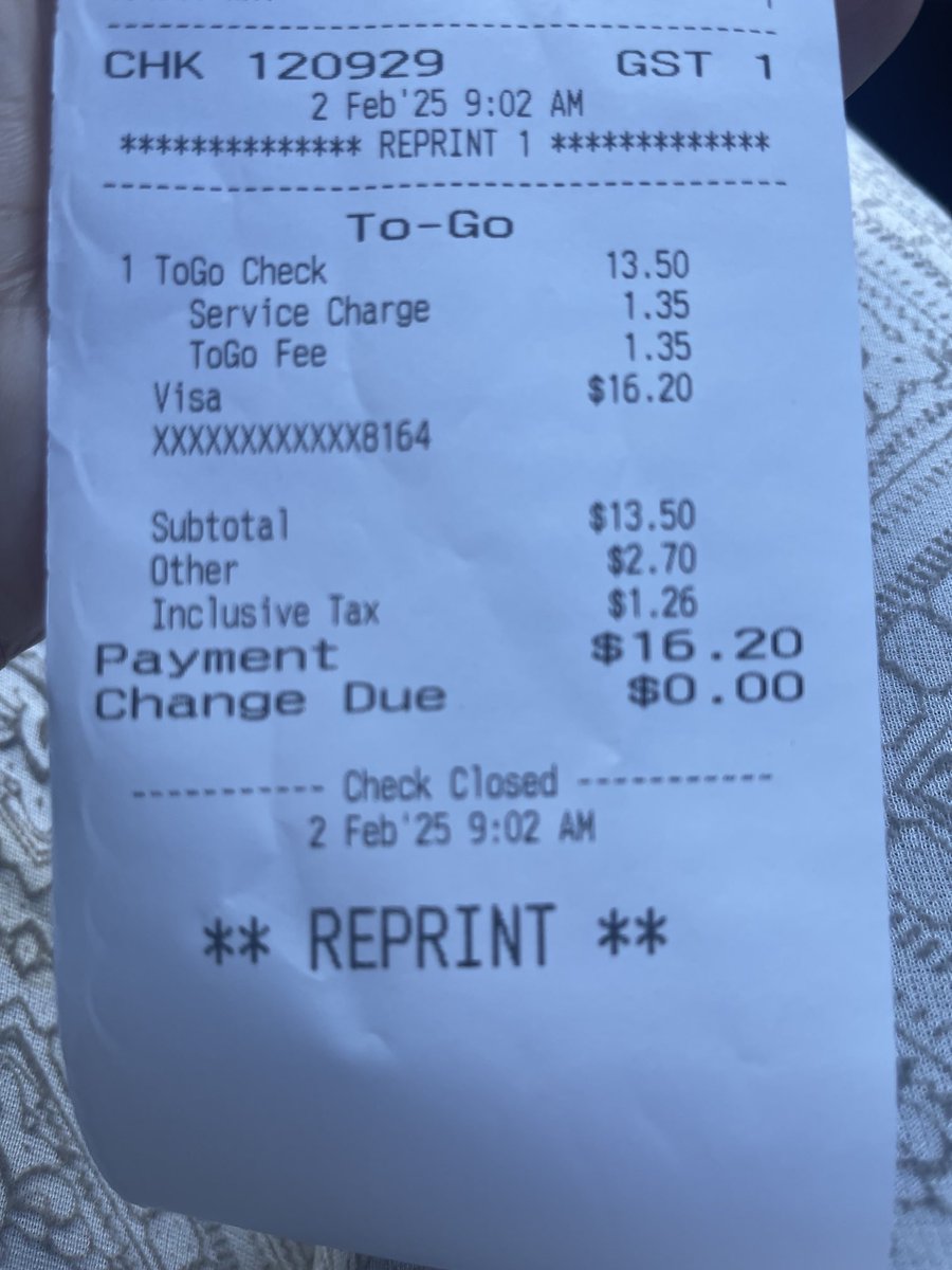 Bruh…This gotta change! A to go check, a service charge, and a to go fee! #how ?!