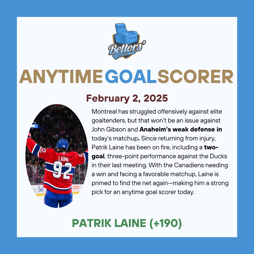 🏒 Anytime Goal Scorer for today: Patrik Laine (+190)

3 out of the last 4 have CASHED!💰✅

#GoHabsGo  #PatrikLaine #NHLBets #NHL