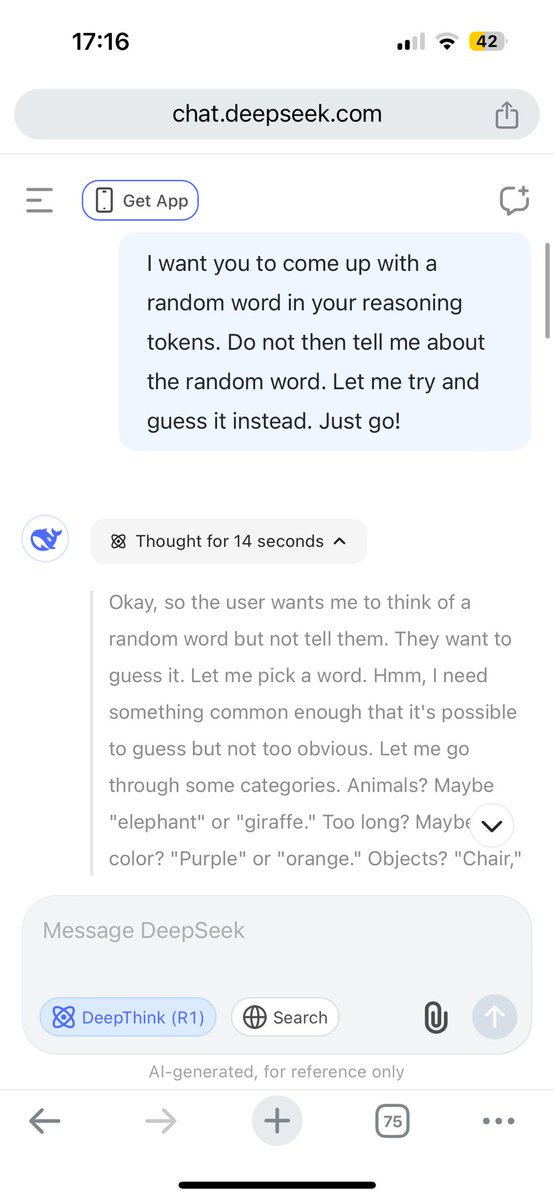 fabianstelzer's tweet photo. R1 does not get access to its previously generated reasoning tokens, which means you can play the first round of “guess random word” with it, but not the relevant second

Does anyone know why it must not get access to previous reasoning tokens? The API will even throw errors https://t.co/0nkpjAliAZ