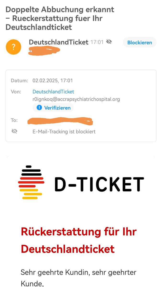Achtung Fishing Mails unter dem Deckmantel "Rückerstattung Deutschland-Ticket" unterwegs.

#fishing #spam #security