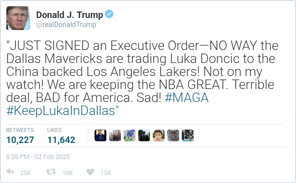 jansulek's tweet photo. Trump signs executive order banning the #maverics from trading #Luka #Doncic 😮😮 https://t.co/KDmbEWuDzc