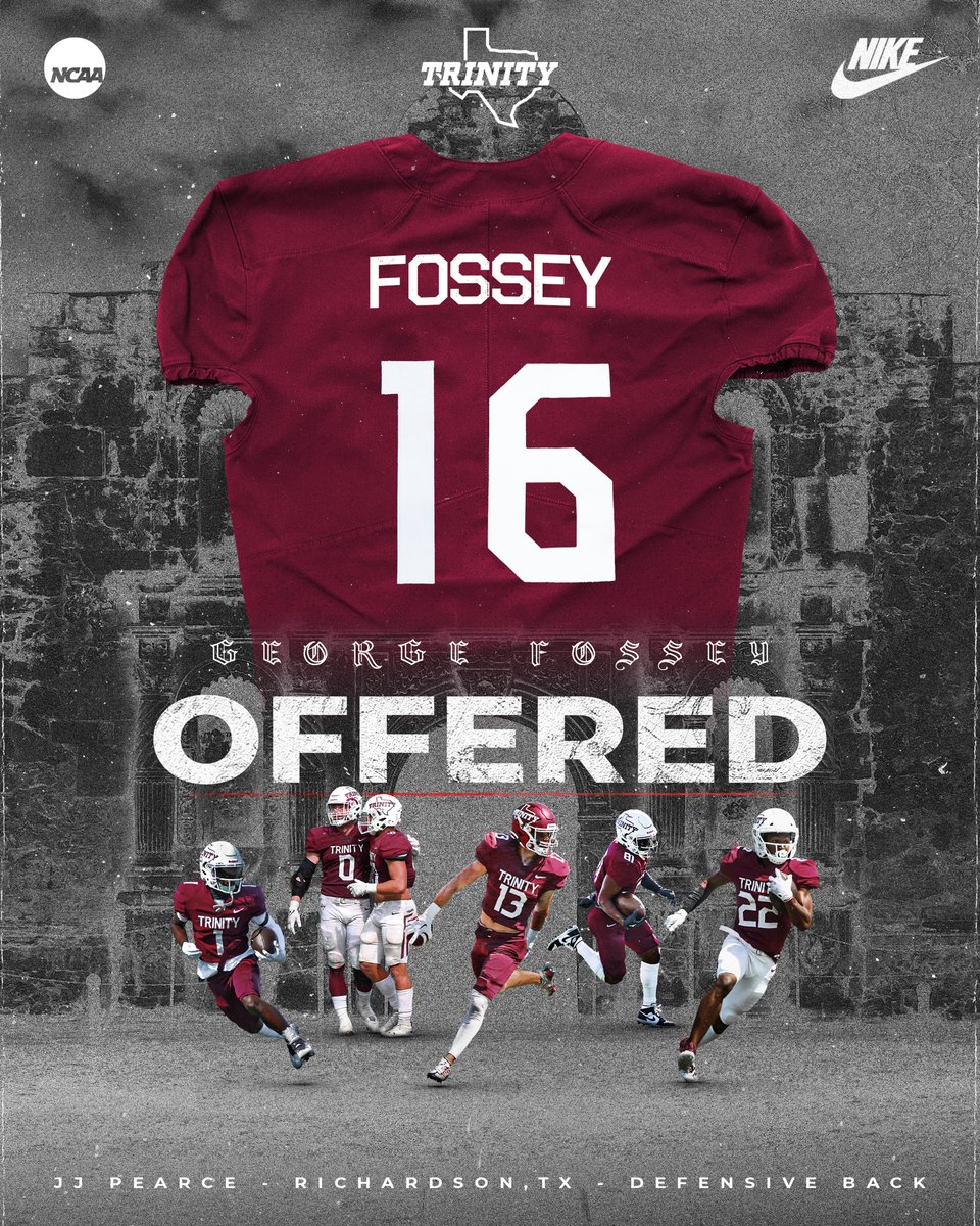 George Fossey (@georgefossey1) on Twitter photo After a great conversation with <a href="/JerhemeUrban83/">Jerheme Urban</a> I am grateful to receive an offer from <a href="/TUFootballTX/">Trinity University Football</a>!
<a href="/CoachQ_Carter/">Quentin Carter</a> <a href="/Shaun_Graham_DB/">Coach Graham : EBG</a> <a href="/CoachDaniels06/">Coach Daniels</a> <a href="/CoachJ_Lambert/">Jarrett Lambert</a> <a href="/_CoachTeeter_/">Sean Teeter</a> <a href="/_Coach_Griff/">Dale Griffith</a> After a great conversation with <a href="/JerhemeUrban83/">Jerheme Urban</a> I am grateful to receive an offer from <a href="/TUFootballTX/">Trinity University Football</a>!
<a href="/CoachQ_Carter/">Quentin Carter</a> <a href="/Shaun_Graham_DB/">Coach Graham : EBG</a> <a href="/CoachDaniels06/">Coach Daniels</a> <a href="/CoachJ_Lambert/">Jarrett Lambert</a> <a href="/_CoachTeeter_/">Sean Teeter</a> <a href="/_Coach_Griff/">Dale Griffith</a>