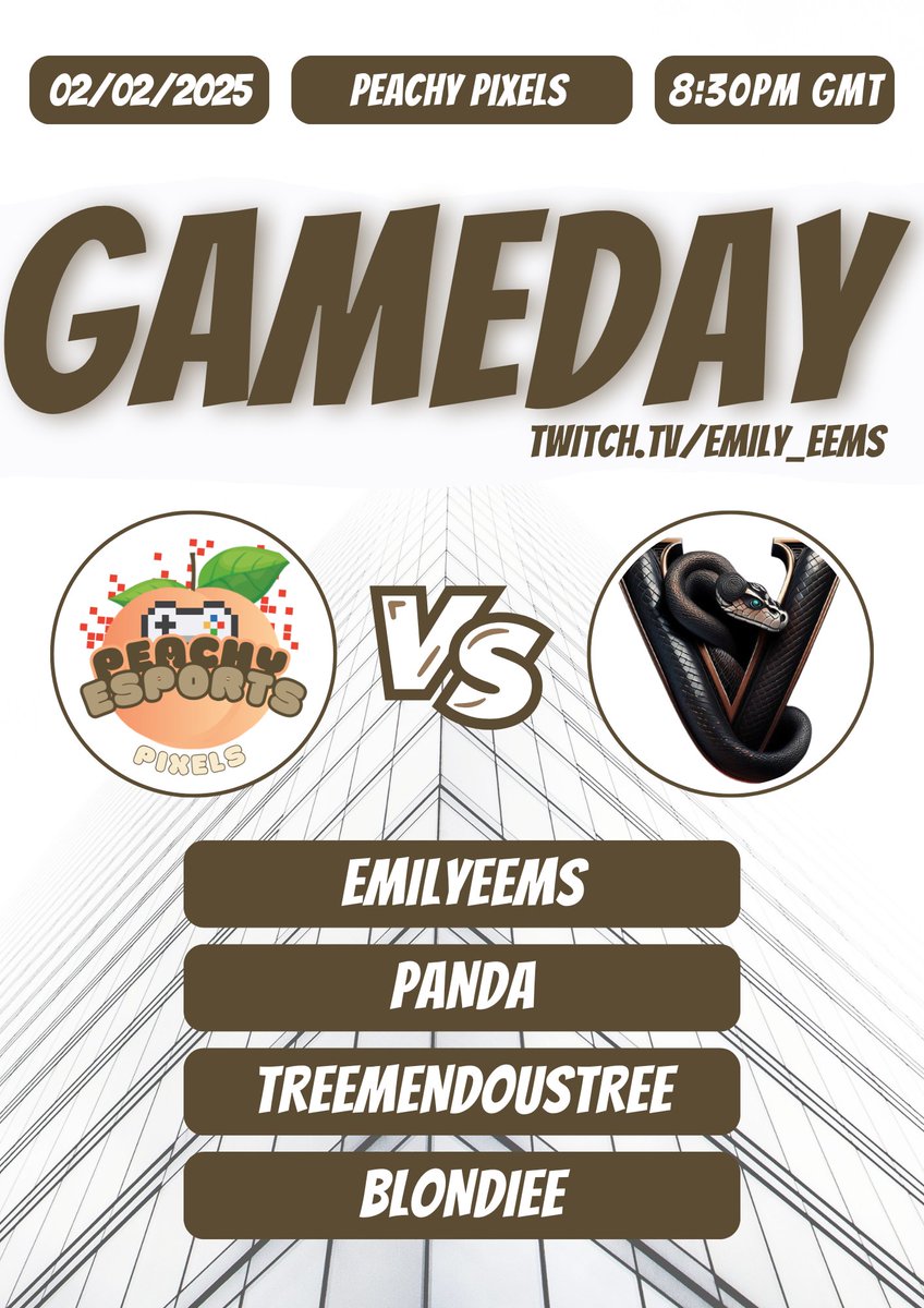 Peachy_eSports's tweet image. 🚨PLAY OFFS!🚨

Winners Round 1🔥
Peachy Pixels vs Vortex Bush Masters!🔥
@thevortexgg 

⭐️@XP_Europe
🕑 8:30PM GMT
📽️ twitch.tv/emily_eems POV with @Emily_eems 

🍑 @Emily_eems 
🍑 @OhPandaa 
🍑 @DylanTree1 
🍑 @BlondieeBeams