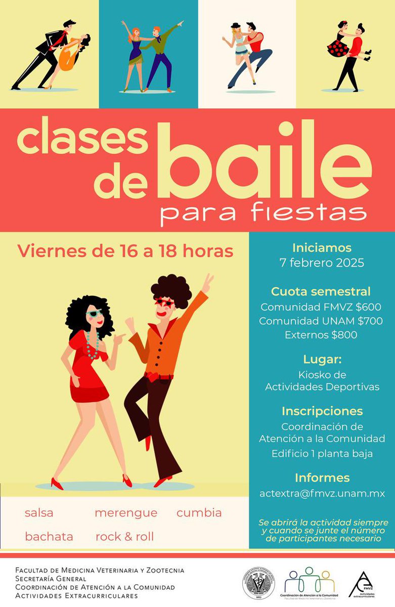 FMVZUNAM's tweet photo. #QueNoSeTePase | Recuerda que el 7 de febrero a la 16 horas iniciamos con las #ClasesDeBaile para fiestas.🪩
📍Kiosko de Actividades Deportivas de la #FMVZ. 
Informes 👉 actextra@fmvz.unam https://t.co/s2pplVa0WO