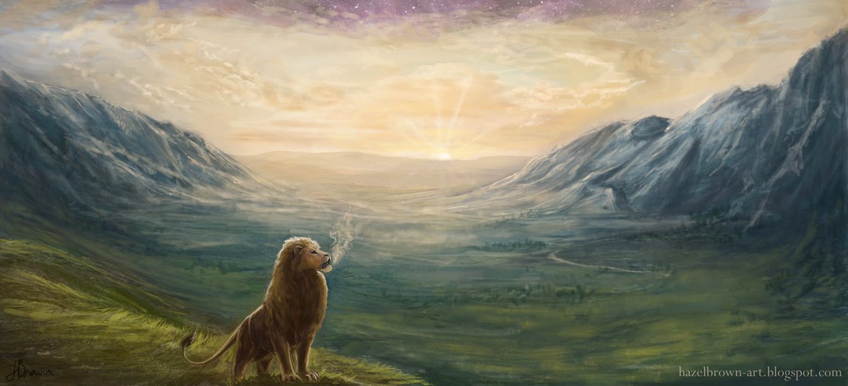 NarniaWeb's tweet photo. "The Lion was pacing to and fro about that empty land and singing his new song. It was softer and more lilting than the song by which he had called up the stars and the sun; a gentle, rippling music. And as he walked and sang the valley grew green with grass."

🎨 Hazel Brown https://t.co/bOYlgSqUYF