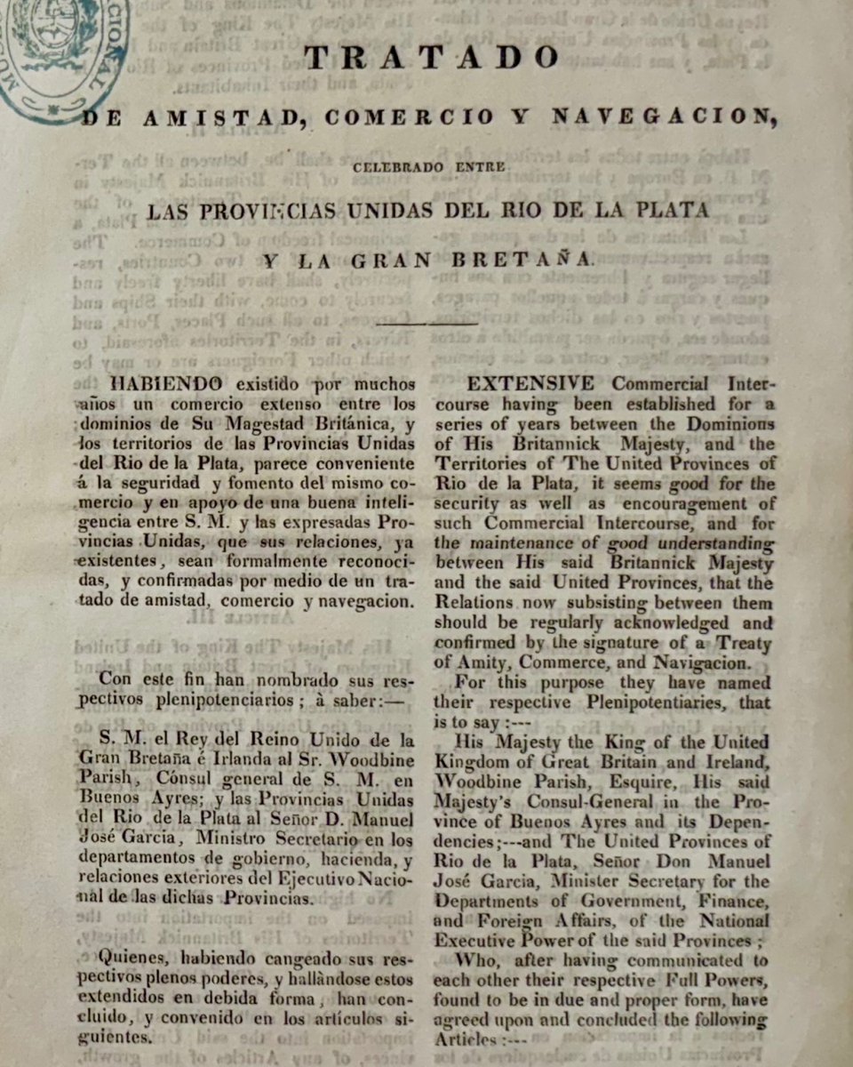 #Efemérides 📜 Un día como hoy, hace 200 años, se firmaba con el Reino Unido un tratado de amistad, comercio y navegación con el que el país europeo reconocía la independencia de las Provincias Unidas del Río de la Plata. 🧵👇