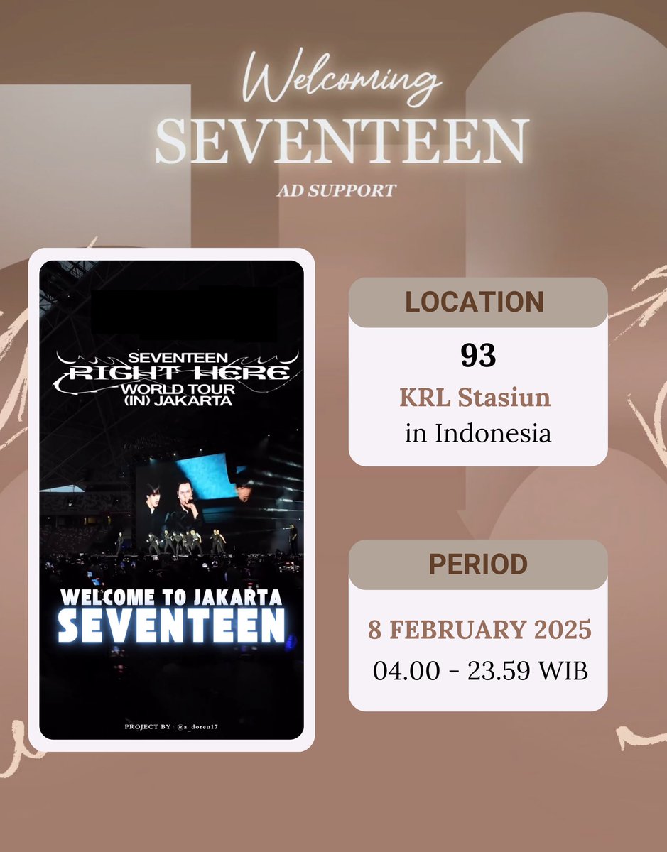 Led Ads Project for SEVENTEEN

ㅡ 

𝐒𝐄𝐕𝐄𝐍𝐓𝐄𝐄𝐍 𝐢𝐬 𝐡𝐞𝐫𝐞! 𝐉𝐚𝐤𝐚𝐫𝐭𝐚 𝐥𝐢𝐠𝐡𝐭𝐬 𝐮𝐩 𝐟𝐨𝐫 𝐒𝐄𝐕𝐄𝐍𝐓𝐄𝐄𝐍✨

📆 Saturday, 08 February 2025
📍93 Stations in Indonesia
🕰️ 04.00 - 23.59 WIB

project by : A.doreU17

#SVT_RIGHT_HERE_InJakarta 
#adoreu17