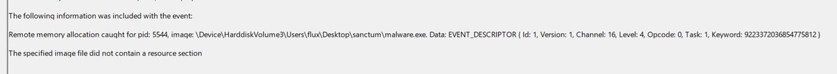 Ok I think this is REALLY cool, I've now got Event Tracing for Windows: Threat Intelligence working with my EDR (not implemented yet into the main EDR) BUT you can see it catching remote memory allocations github.com/0xflux/Sanctum…

#malware #blueteam #redteam #infosec #cyber #rust