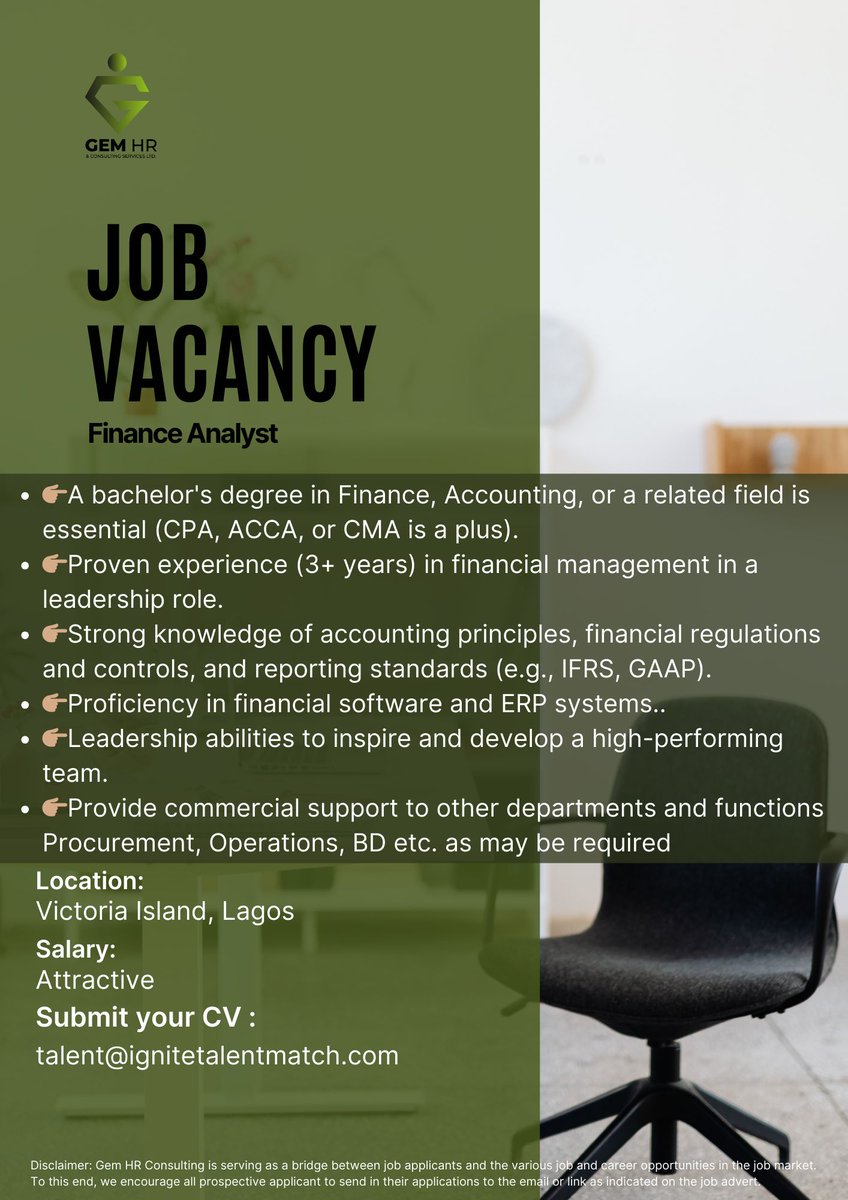 gem_hr's tweet image. 🔥 Urgent Hiring: Finance Analyst! 🌟 Lead and impact the Energy Sector Industry!  Location: Victoria Island, Lagos. 💌 APPLY: talent@ignitetalentmatch.com⏳ Act fast—this opportunity won&apos;t last! 👥 Know someone ideal? Tag them! #finance #financetips #financeanalyst #Analyst