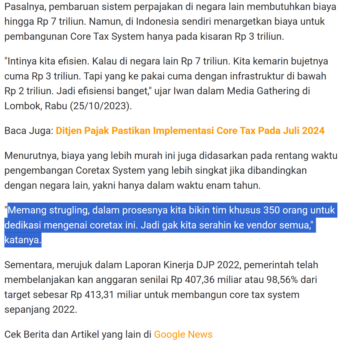 gg_02022020's tweet photo. Tim PSIAP ternyata bukan 169 orang, melainkan 350 orang?!

Malam ini baca-baca lagi soal anggaran Coretax, dan ternyata menemukan artikel ini di Kontan:

"Memang strugling, dalam prosesnya kita bikin tim khusus 350 orang untuk dedikasi mengenai coretax ini. Jadi gak kita serahin ke vendor semua" menurut Staf Ahli Bidang Peraturan dan Penegakan Hukum Pajak DJP Kemenkeu, Iwan Djuniardi dalam Media Gathering di Lombok, Rabu (25/10/2023).

https://t.co/R6LoK1iOF0

Sayangnya gw gak nemu KMK penambahan tim PSIAP tsb, kemungkinan tidak dipublish untuk umum.

Dengan demikian, berapa penambahan komponen gaji PSIAP dalam total biaya Coretax?