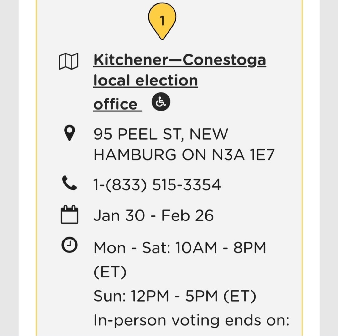 Hey, Kit-Con! Election Day is February 27, but you can vote before that with a write in ballot at your local election office.

…terinformationservice.elections.on.ca/en/election/se…