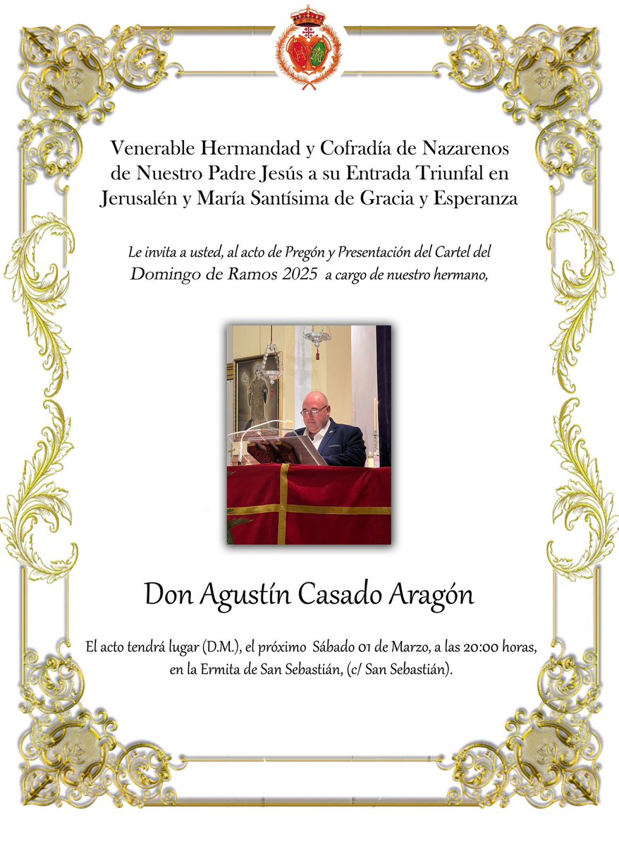 HdadPollinica's tweet photo. Pregón y presentación del cartel de la salida procesional del Domingo de Ramos del 2025

Pregón a cargo de nuestro Hermano don Agustín Casado Aragón.

Cartel realizado por don Fernando Jesús Rueda Carbonero.

Sábado 01 de marzo en la Ermita de San Sebastián a las 20:00h. https://t.co/omtIKNJa2D