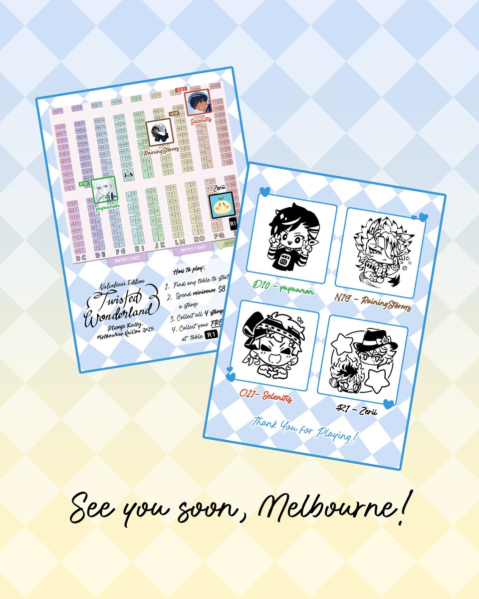 Hello Prefects! 🪞 We will host a TWST 💙 Valentine's themed Stamp Rally event at Melbourne @kaigaconvention this weekend! Please come join us and grab a free exclusive prize pack after completing the rally!  🤍 Limited prizes FCFS 

<a href="/SelenitisDraws/">selenitis</a> 
<a href="/yuyuunon/">yuyuunon</a> 
<a href="/raining_storms/">Stormy Rain</a>