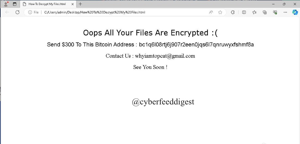 🚨 #Ransomware  Alert! 🚨

📂 File Name: nitro-sniper.exe

🔍 Hashes:
MD5: 1104165869D88764C08BB67642FE27DD
SHA1: 3A6094B9D87D6973AAC7F511188D307A12B10444
SHA256: 6AB0A8B71702FEEB2771A683A7FCEC82E58D4226B1AC56EF8582341D156687E2

💰 Ransom Demand: Send $300 to Bitcoin Address: