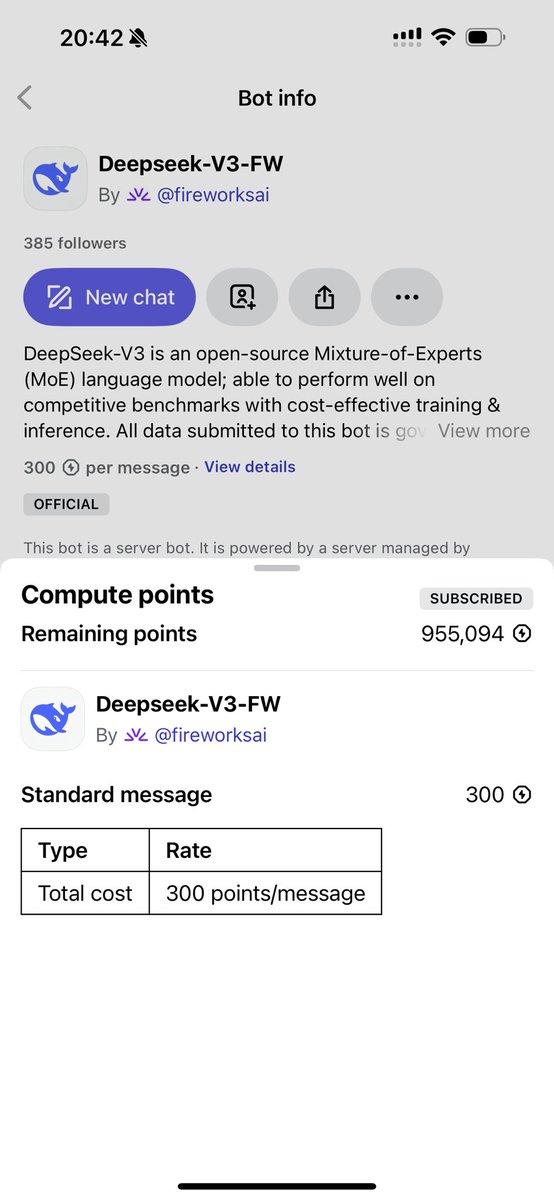 Poe 里 DeepSeek R1 和 V3 是同一个白菜价… 而且速度超级快根本不用等待，目前是由 together 和 fireworks 部署的😼