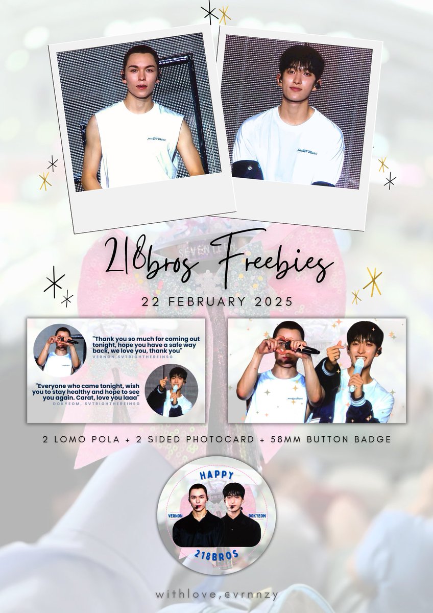 vrnnzy's tweet photo. Annyeong caratdeul, i'll be at #timetravernon and
#summerhomerunwithdk 😍 these are for 218bros lover out there 🫶🫰 

💖 please claim only if you love both, kalau sayang sorang je tak boleh 😌
💖 fcfs and open for trade sebab i pun nak collect freebies 🥹 https://t.co/F9gE9nAXJS