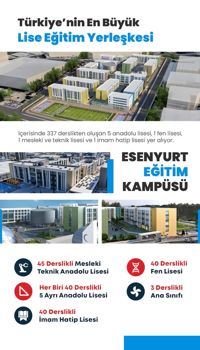 Esenyurt Recep Tayyip ERDOĞAN Eğitim Külliyesi, Cumhurbaşkanımız Sayın Recep Tayyip ERDOĞAN’ın katılımıyla 3 Şubat'ta açılıyor. Külliye, Türkiye’nin en büyük lise eğitim yerleşkesi ünvanına sahip...

#EğitimKülliyesi

<a href="/tcmeb/">Millî Eğitim Bakanlığı</a> <a href="/KutahyaValiligi/">T.C. Kütahya Valiliği</a> <a href="/Yusuf__Tekin/">Yusuf Tekin</a> <a href="/myilmaz2023/">MUSTAFA YILMAZ 🟢</a>