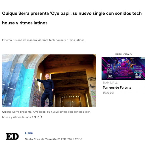 Quiqueserradj's tweet image. 🍑 OYE PAPI 🍑

🇪🇸 @eldia en digital publica la noticia se mi nuevo lanzamiento
🇬🇧 &quot;El Día&quot; in digital publish the my last release&apos;s news

eldia.es/cultura/2025/0…

#oyepapi #latintech #techhouse #latinhouse #housemusic #NewRelease