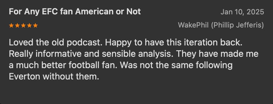 TheBlueFrontier's tweet photo. Yesterday marked a month since The Blue Frontier's debut. Off to a great start with 10 episodes available already, and plenty more on the way! 

Considering listening? Check out some reviews from our outstanding Everton community:

🎧  https://t.co/90mej6EQ0M https://t.co/FGXfUwQ4X6