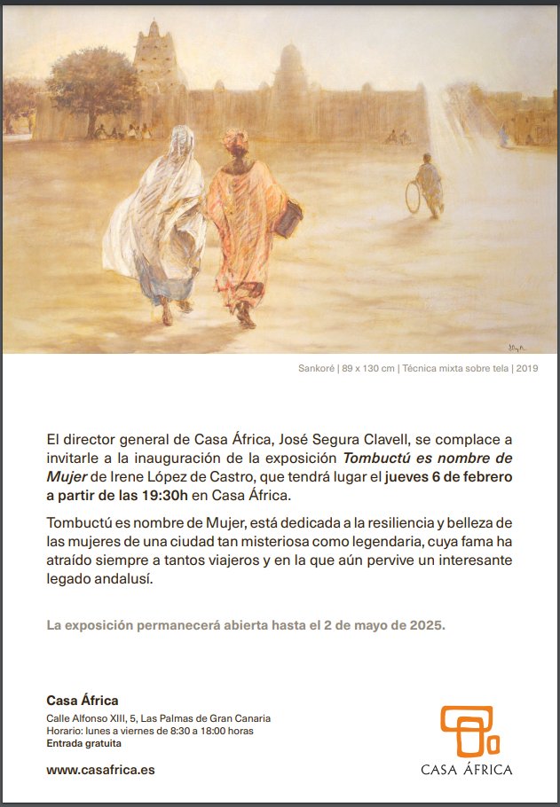 El próximo jueves 6 de febrero a las 19:30 se inaugura en <a href="/Casaafrica/">Casa África</a> <a href="/CasaAfrica1/">CasaAfrica</a>   mis pinturas sobre las mujeres y Mali " Tombuctú es nombre de Mujer". 🥰
#tombuctuesnombredemujer #guardianasdetombuctu #tombuctu #timbuktu #elsueñodetombuctu <a href="/IreneLopezCastr/">Irene Lopez d Castro</a>