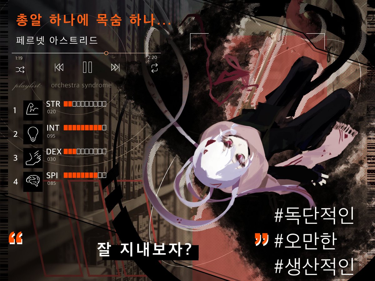 🎼독단적인 사냥꾼, 본 단체는 귀하와 함께하게 되어 영광입니다.

💿페르넷 아스트리드-총알 하나에 목숨 하나...