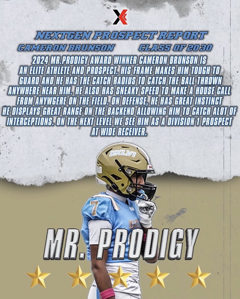 Since 2019 the Mr. Prodigy Award has been awarded to the most outstanding youth football player in northeast Ohio. Congratulations to the 2024 Next Generation Mr. Prodigy Award winner, Cameron Brunson. 📈#MovingForwardTogether