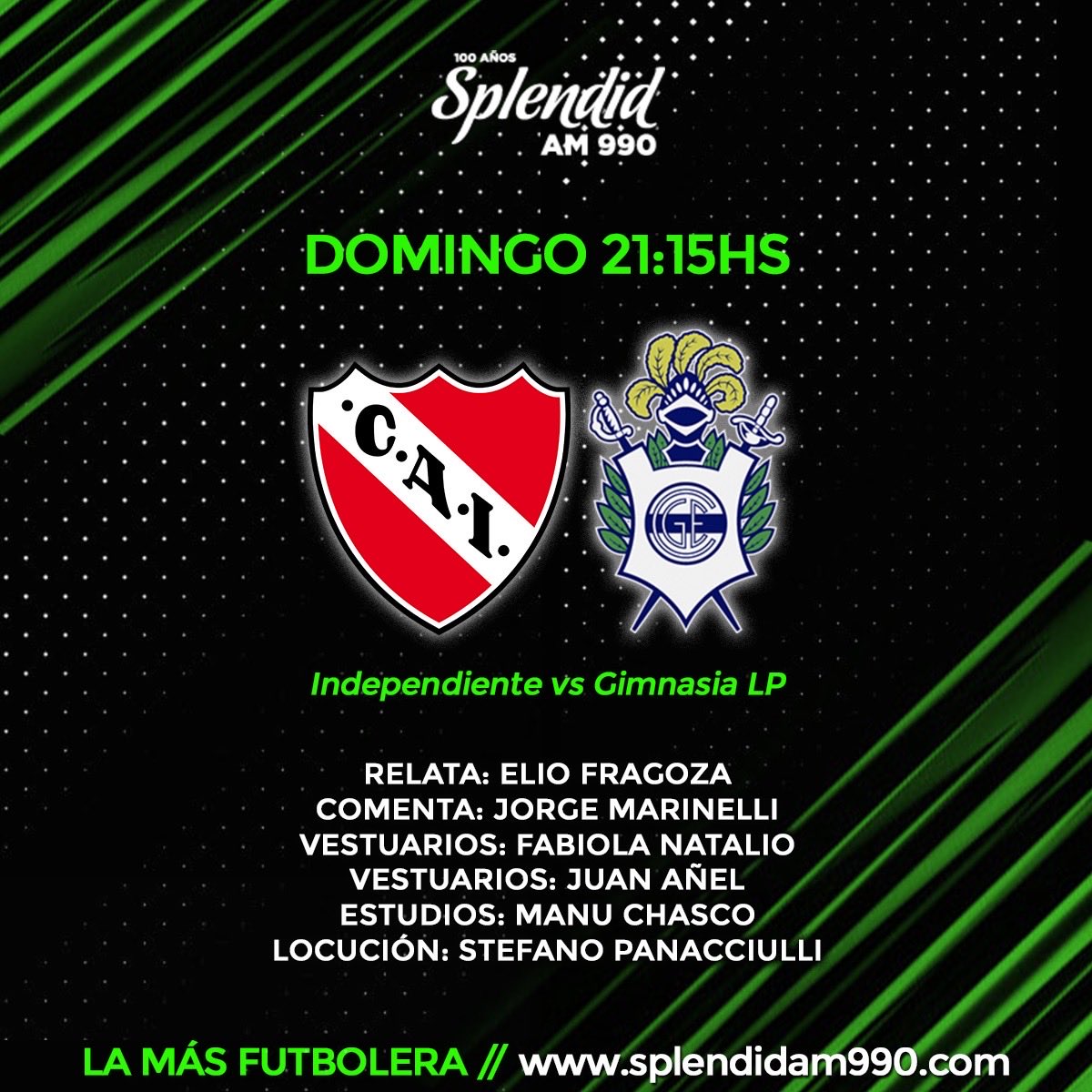 En Avellaneda, juegan #Independiente #Gimnasia y lo transmitimos por ⁦<a href="/splendidam990/">Splendid AM 990</a>⁩ junto a Elio Fragoza ⁦<a href="/FabiolaNatalio/">Fabiola Natalio</a>⁩ <a href="/juananiel_/">Juan Añel</a> ⁦<a href="/manuchasco/">Manu Chasco</a>⁩ y ⁦<a href="/eltanolocutor/">Stefano Panacciulli</a>⁩ 
splendidam990.com
YouTube: @ElShowDeLosGrandes