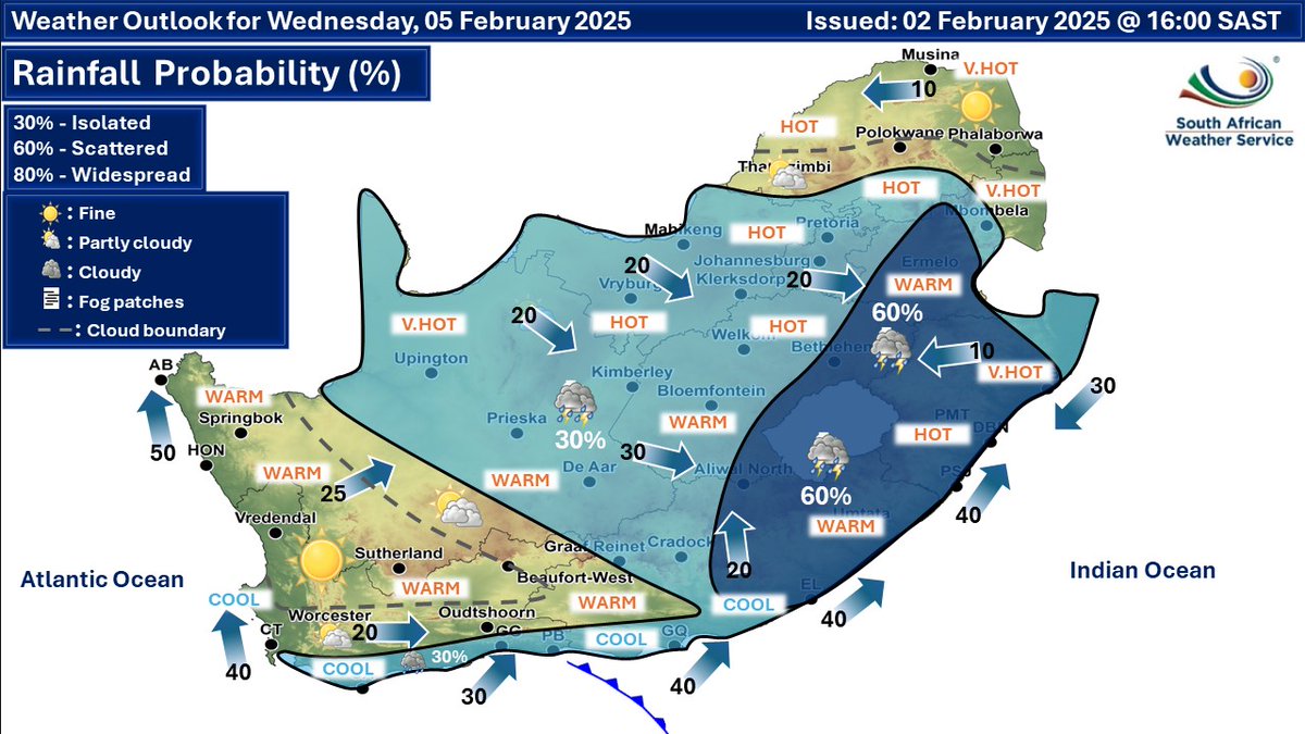 SAWeatherServic's tweet photo. Weather &amp; weather alerts for tomorrow, 03 February 2025. As well as the weather outlook for Tuesday &amp; Wednesday, 4 - 5 February 2025.
Isolated showers &amp; thundershowers are expected over the central &amp; eastern parts of the country, but scattered in the east. 
#saws #weatheroutlook https://t.co/3xYwDfyfQB