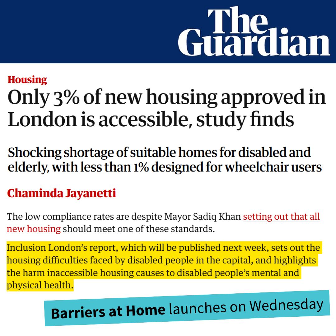 InclusionLondon's tweet photo. Breaking from @cjayanetti @ObserverUK: Our #BarriersAtHome report reveals official data suggesting only 3% of new housing approved in London will be accessible, far short of the 90% in the London plan.
For many of us, these numbers are no surprise. (1/3)
https://t.co/Uqfuw0zFGb https://t.co/BCthMpET1j